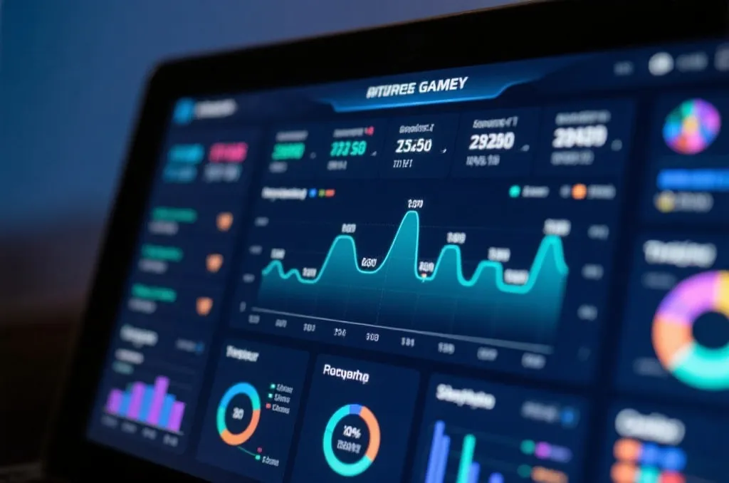 A close-up of a digital dashboard displaying real-time gaming statistics, line charts, and data visualizations