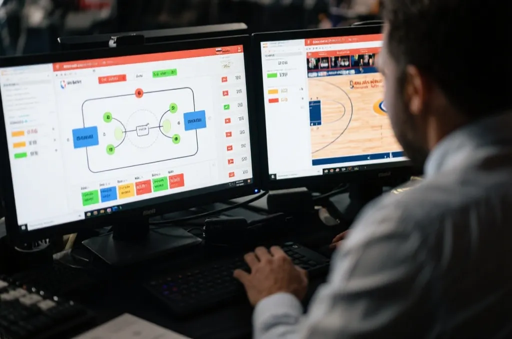 Sports analyst reviewing real-time basketball game statistics and tactical diagrams on dual monitors